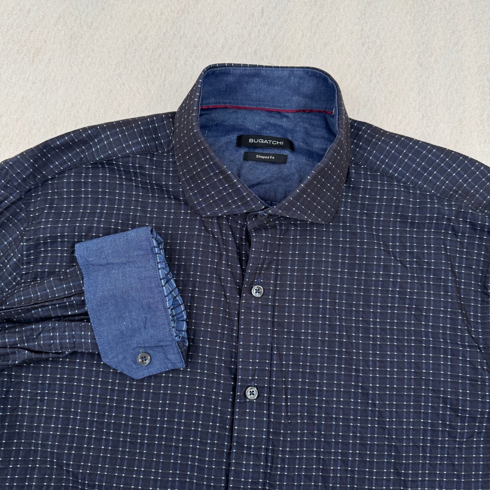 Bugatchi Shaped Fit Mens L Long Sleeve Button Down Navy Blue Check Flip Cuff